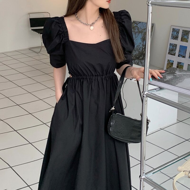 ワンピース 半袖 春夏 きれいめ ロング シャツワンピース ミモレ丈 ロング丈 五分袖 パフスリーブ スクエアネック 襟なし フレア 細身 Aライン 背中魅せ ウエストマーク ハイウエスト 色展開 ブ 4,987円