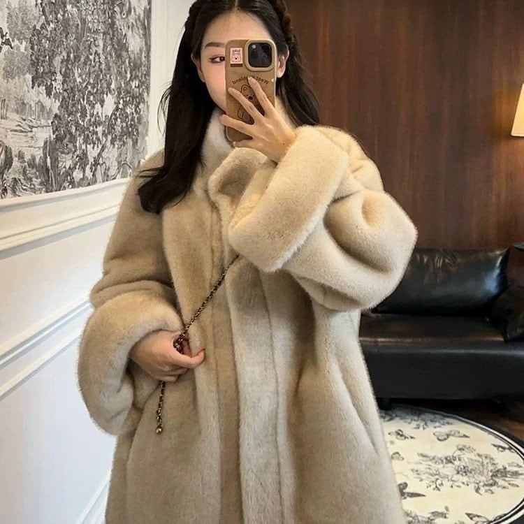 ふわふわアウター レディース ルーズ スタンドカラー ミッドレングスファーコート 毛皮一体 韓国ファッションエコミンクフリース 冬季 人气新作