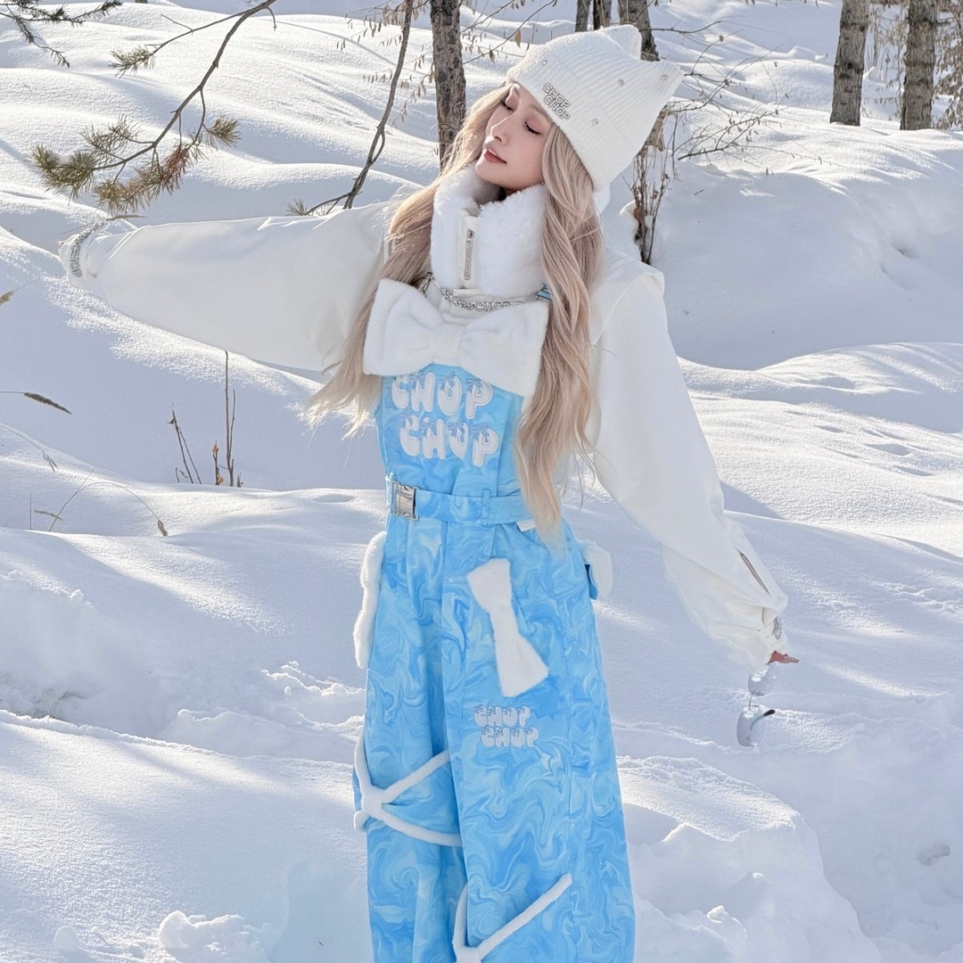 スノーボードウェア 2025 2026 白 ブルー レディース かわいい 取り外し可能なリボン 3L防水20000 ジャケット アウター サロペット パンツ スノボー スキーウェア スノボウェア