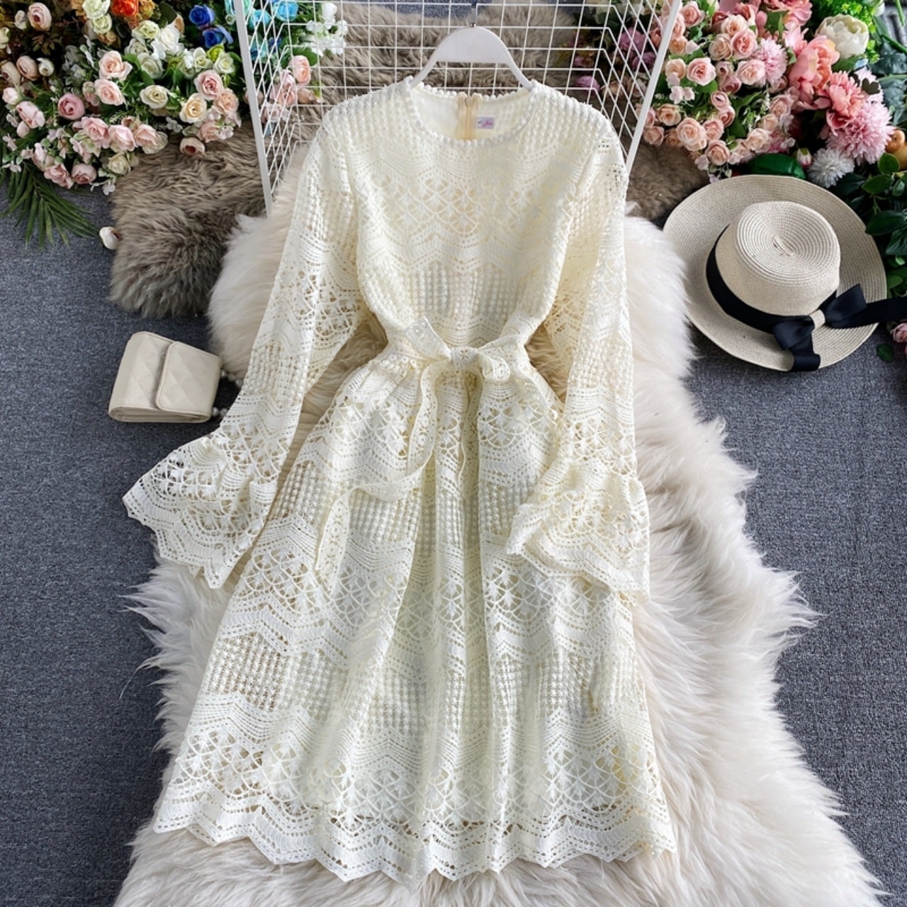 ワンピース レディース ドレス 総レース 膝丈 ウエスト切替 リボン クルーネック 長袖