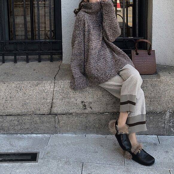 レディース セット 2点セット 上下セット セットアップ トップス ボトムス ニット セーター 長そで 長袖 タートルネック ボリューム袖 長ズボン ロングパンツ 体型カバー リラックス ラク カジュ