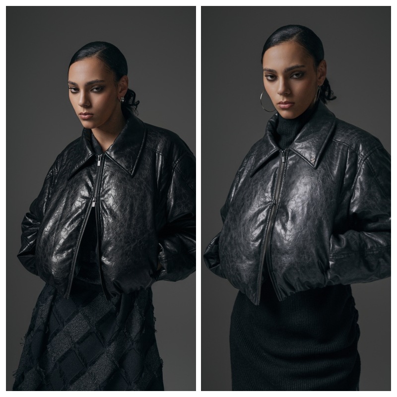 【TREEMINGBIRD】 GLOSSY LEATHER SHORT PADDING JUMPER : 2COLORS