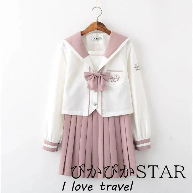 学生制服 セット コスプレ リボン付き ピンク 長袖 大きいサイズ 制服 セーラー服 4点セット コスム 女子校生 女子高生 学生 清純 卒業式 入学式 ミニスカート ビッグサイズ ハロウィン