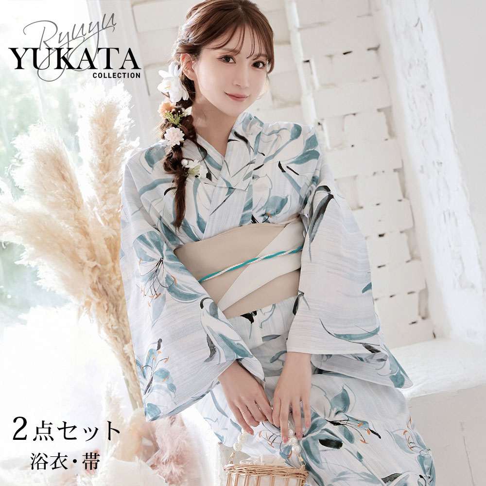 浴衣 青 白 ブルー 大人かわいい 百合 大判柄 古典柄 色気 夏浴衣 2点セット Ryuyu