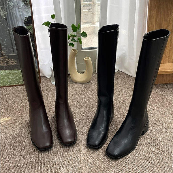 ロングブーツ スクエアトゥ サイドジップ レディース チャンキーヒール 黒 茶 靴 婦人靴 韓国