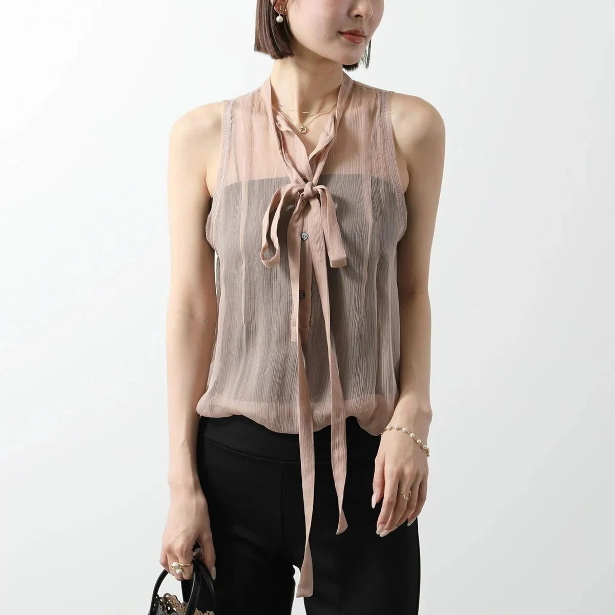 N21 ヌメロヴェントゥーノ タンクトップ G171 5566 レディース ノースリーブ リボンタイ シースルー シルク 4151