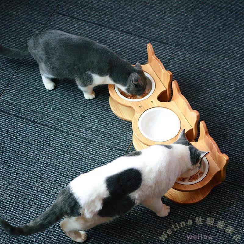 猫 食器スタンド 陶器ボウル フード/水皿 小型犬対応 51×17.5×12cm 食台で姿勢サポート おしゃれ給餌台