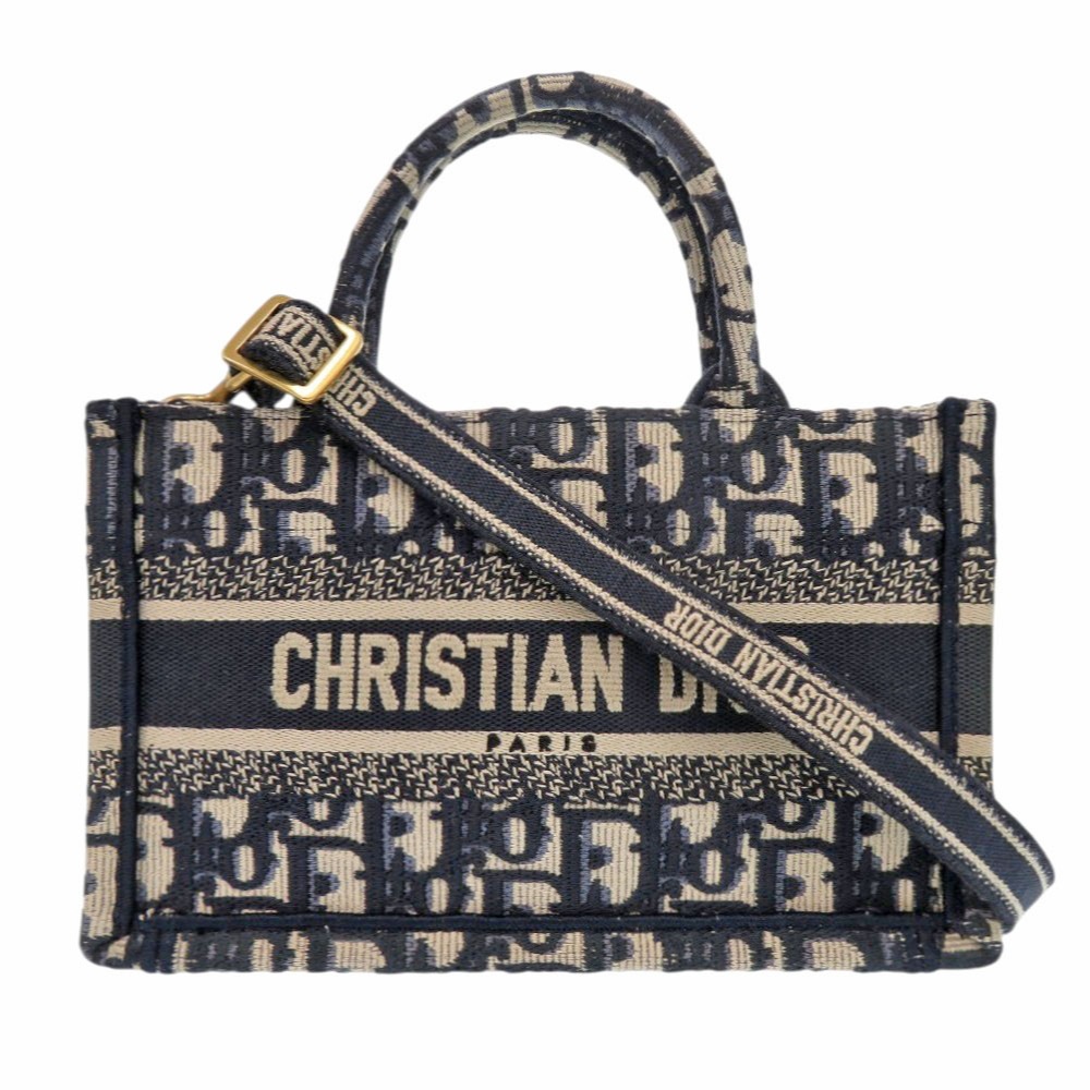美品 クリスチャンディオール オブリーク ブックトート ミニ ハンドバッグ キャンバス ネイビー 0732【中古】Christian Dior レディース