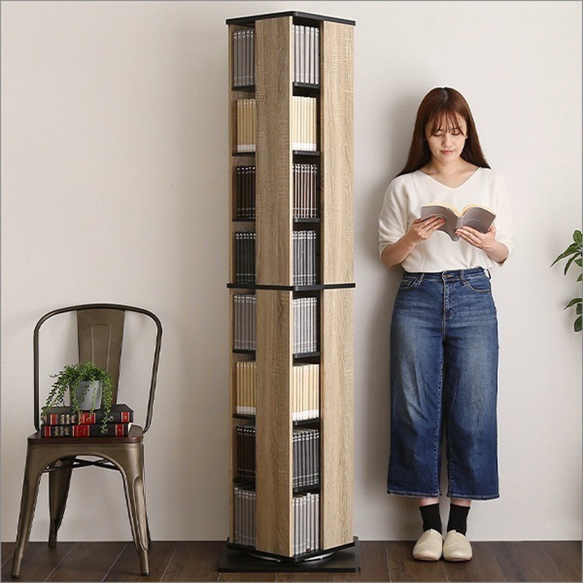 回転ブックラック8段 ヴィンテージ 回転コミックラック 8段 木目調 本棚 ディスプレイ