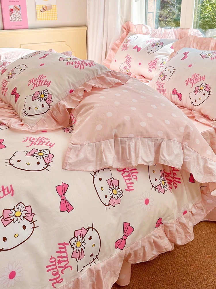 プリンセス4ピースコットンフルコットンエッジ猫キルトカバーシート寮ベッドスリーピースベッドスカートスタイル