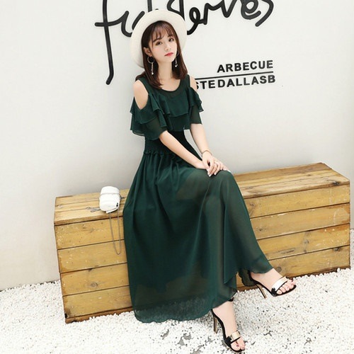 A1085.肩見せシースルーフレアワンピース（グリーン）2019 春夏 sale 春夏 sale ドレス フリル エレガント お呼ばれ 結婚式 披露宴 パーティー 女子会 レストラン デート