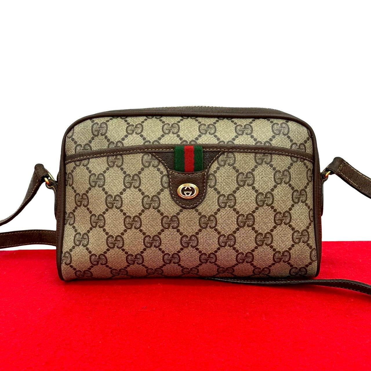 ヴィンテージ シェリーライン GG ロゴ 金具ショルダーバッグ レザー PVC ブラウン 348-2