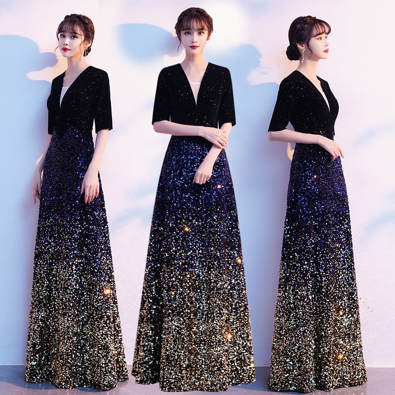 カラードレス ロングドレス スパンコール ネイビー ゴールド 演奏会 発表会 コンサート コンクール 舞台 コーラス オーケストラ ステージドレス 大きいサイズ ウェディングドレス ウエディングドレス