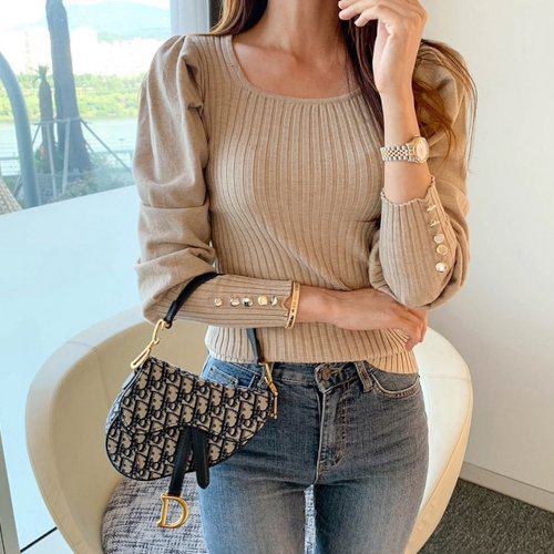 ニット レディース リブ パフスリーブ ボタンデザイン トップス 大人カジュアル エレガント 秋冬 新作 韓国 ファッション キレイめ タイト 細見え おしゃれ かわいい シンプル 無地 大人可愛い 7,681円