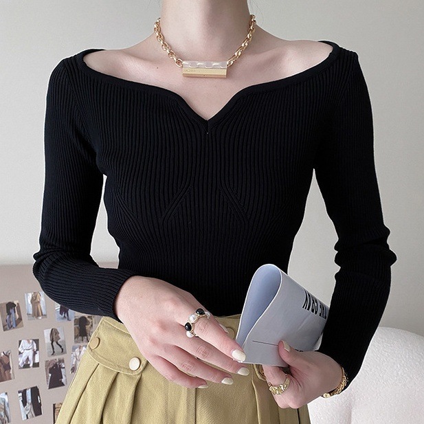 リブニットトップス エレガントフィット デコルテ魅せ 韓国 レディース ニットトップス スリム タイト 細身 デコルテ見せ オルチャン 長袖 Vネック きれいめ シンプル 大人 上品