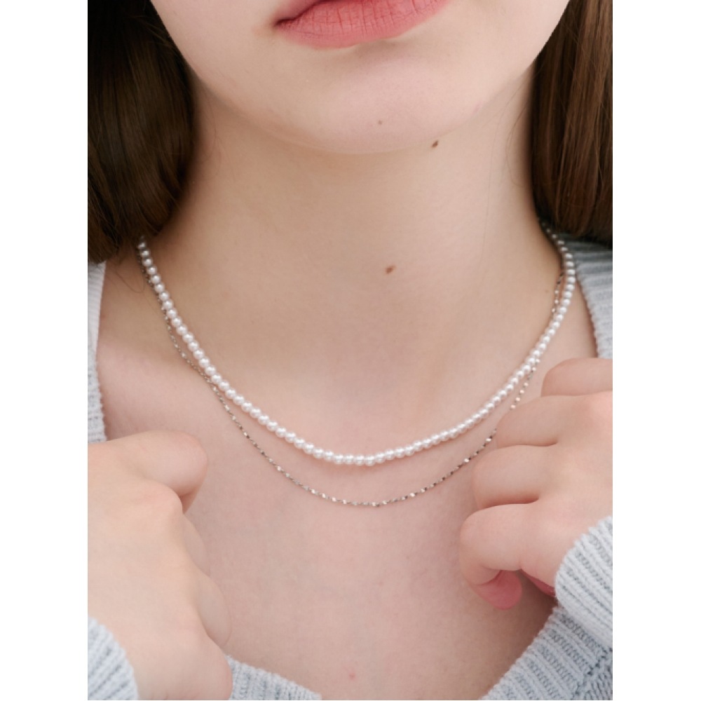LOMBRILLANT レイヤードパールサージカルスチールチェーンネックレス