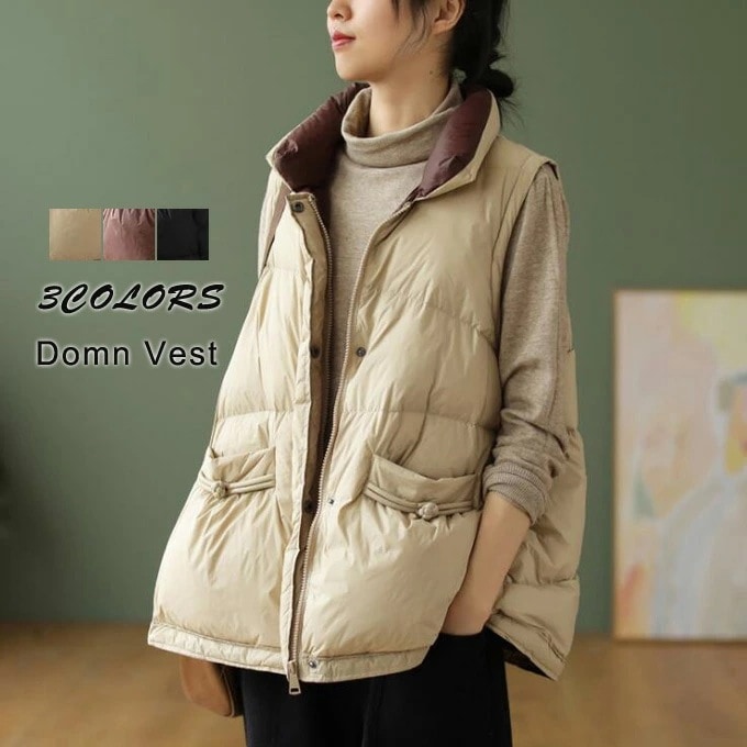 ダウンベスト レディース ノースリーブコート 立ち襟 ショート丈 ダウンコート 袖なしジャケット カジュアルベスト 大きいサイズ 着回し 秋冬ベスト オシャレ