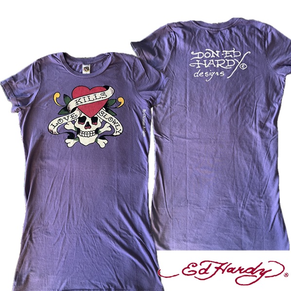 エドハーディー レディース チュニック Tシャツ　半袖　Ed Hardy LOVE KILLS SLOWRY パープル　ラブキル ワンピース エド・ハーディー 正規品