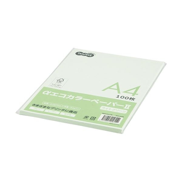(まとめ) TANOSEE αエコカラーペーパーII A4 ライトグリーン 少枚数パック 1冊（100枚） (×30セット)