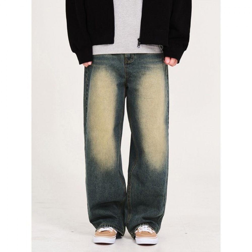 [JINMANIA] イエローブルーウォッシュユニセックスバルーンフィットワイドデニムパンツ