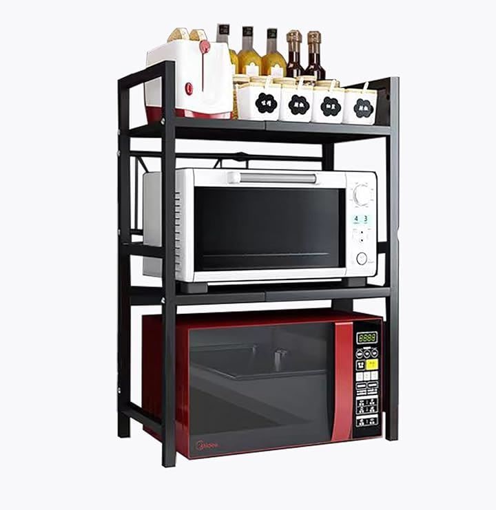 レンジ上ラック スチールラック 幅 42-64cm伸縮式 荷重30kg レンジ台 キッチン収納棚 棚板高さ調節可能 79x42x36(ブラック, 79x42x36)