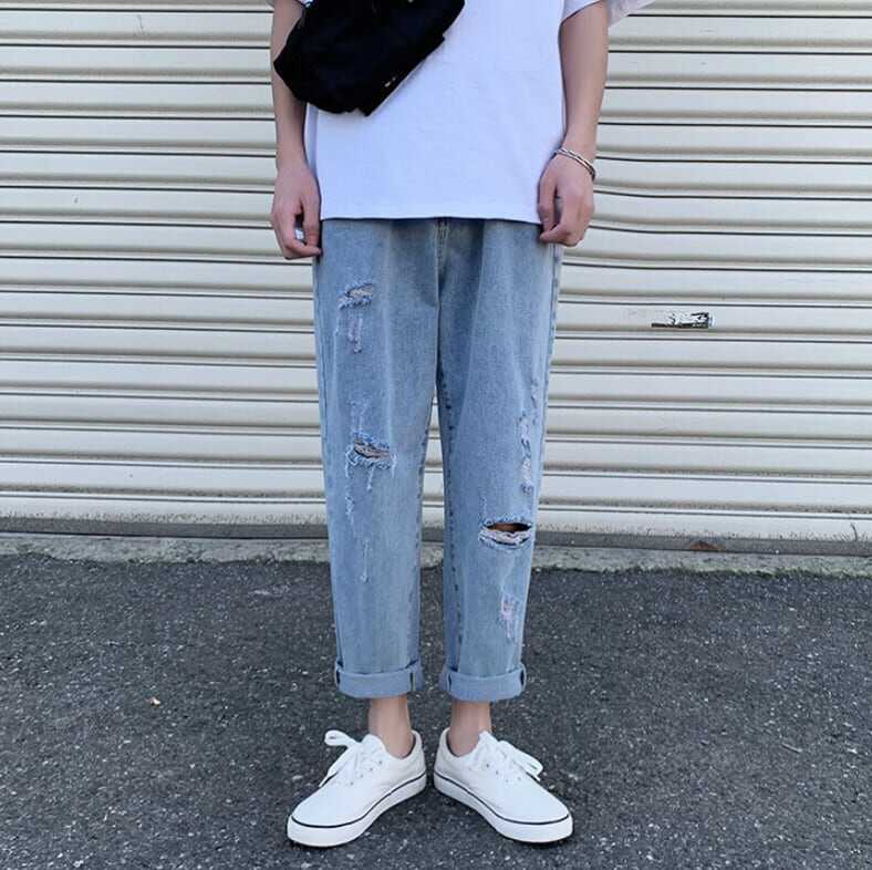 破れ クラッシュジーンズ ボトムス パンツ ズボン ストレートパンツ ジーンズデニム Gパン 9分丈 アンクル丈 ストレート ブルーデニム シンプル カジュアル 抜け感 リラックス 無地 春 夏