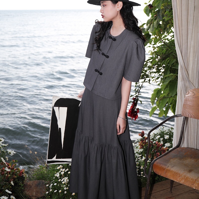 チャイナ風トップス レディース 半袖 セットアップ 普段着 プリーツスカート ロング シャツスカート