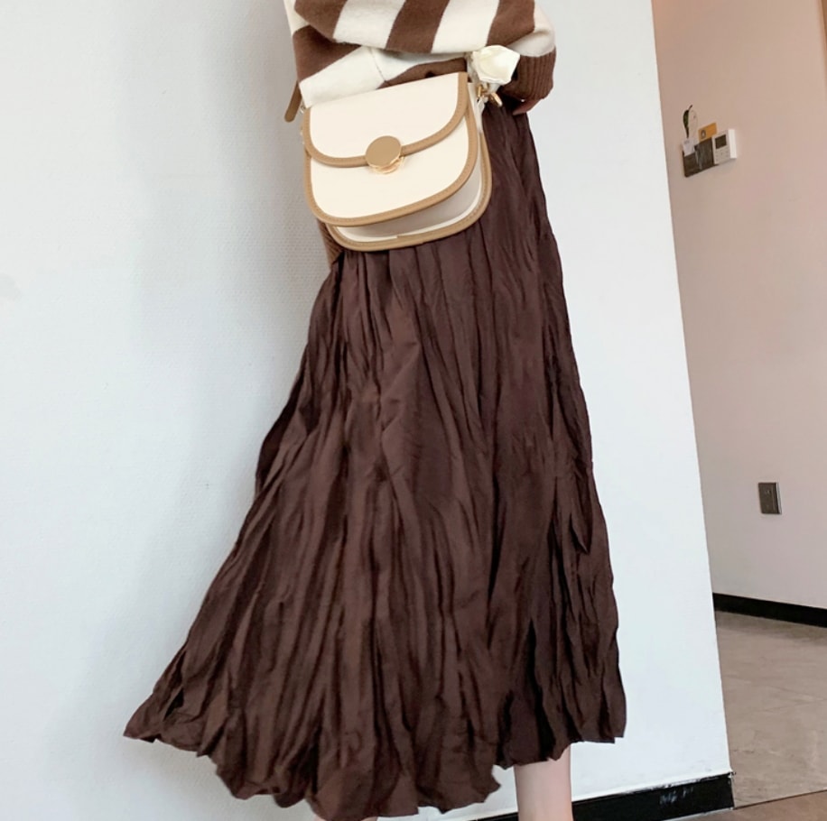 スカート デート フレアワンピース ハイウエスト 春 夏 秋 冬 オールシーズン シーズンレス 個性的 ブラウン ブラック M L こなれ感 クール エレガント 膝下丈 モード系 フリル