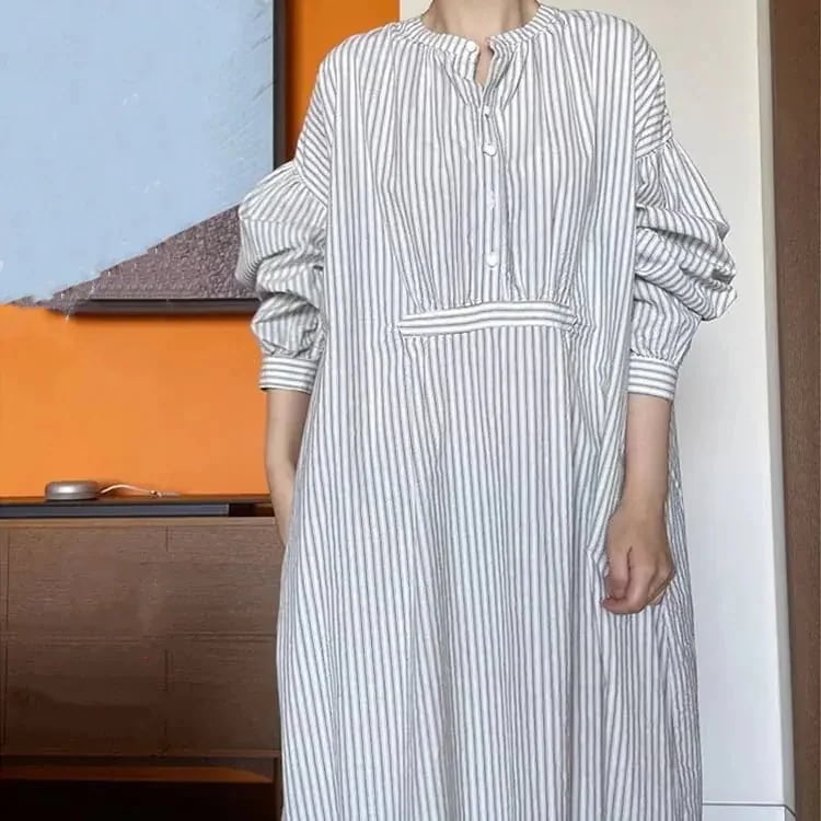 激安新入荷人気ワンピースワンピロングワンピゆったりレディース春秋長袖ドロップショルダーストライプ