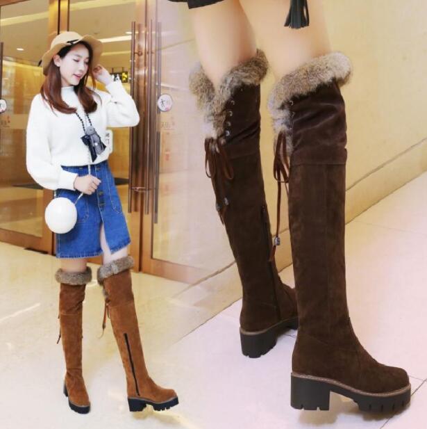 ロングブーツ　ムートンブーツ　裏起毛ブーツニーハイブーツ ファー 秋冬 スエードブーツ　 太ヒール ストーム 疲れにくい 美脚 可愛い 6,311円