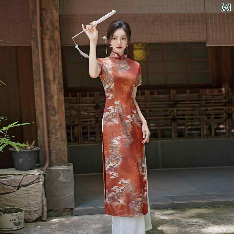 アオザイ チャイナドレス レディース パフォーマンス レトロ ワイド パンツ スーツ レッド 半袖