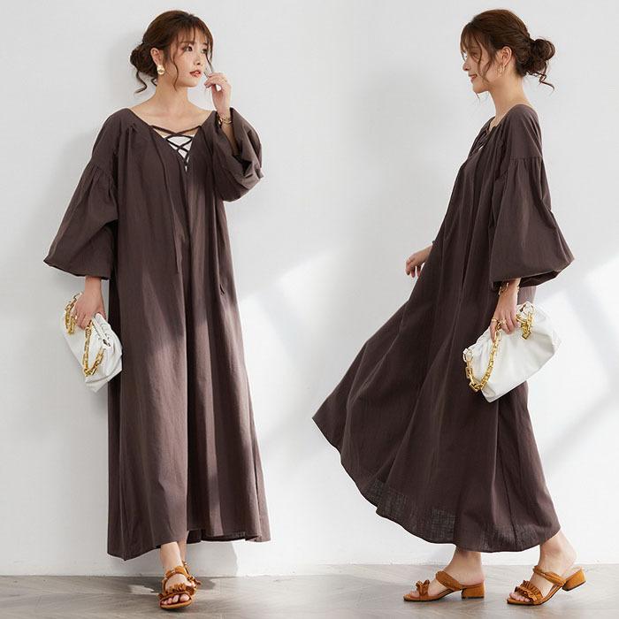 ワンピース レディース キレイめ 無地 マキシワンピース 春夏 七分袖ワンピース パフスリーブ ゆったり Aラインスカート オシャレ韓国風 結婚式 お出かけ