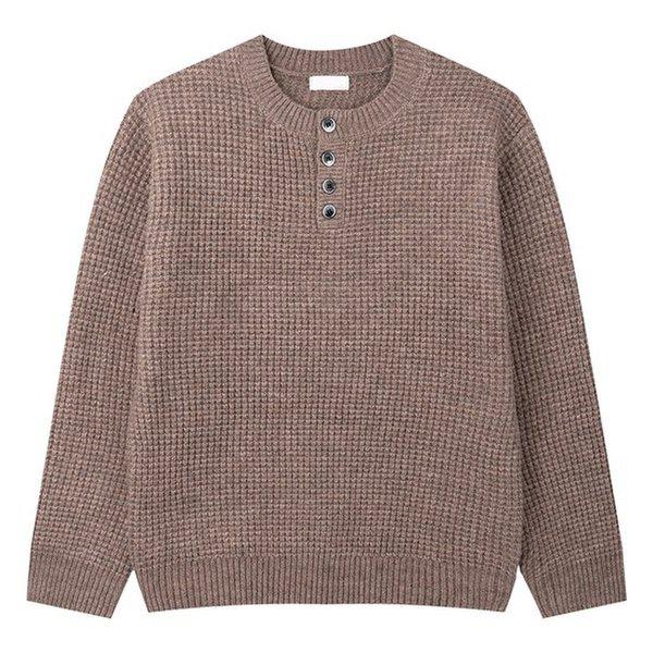 メンズワッフルヘンリーネックボタンラウンド長袖ニットティー GN-KN-Q004-モカ