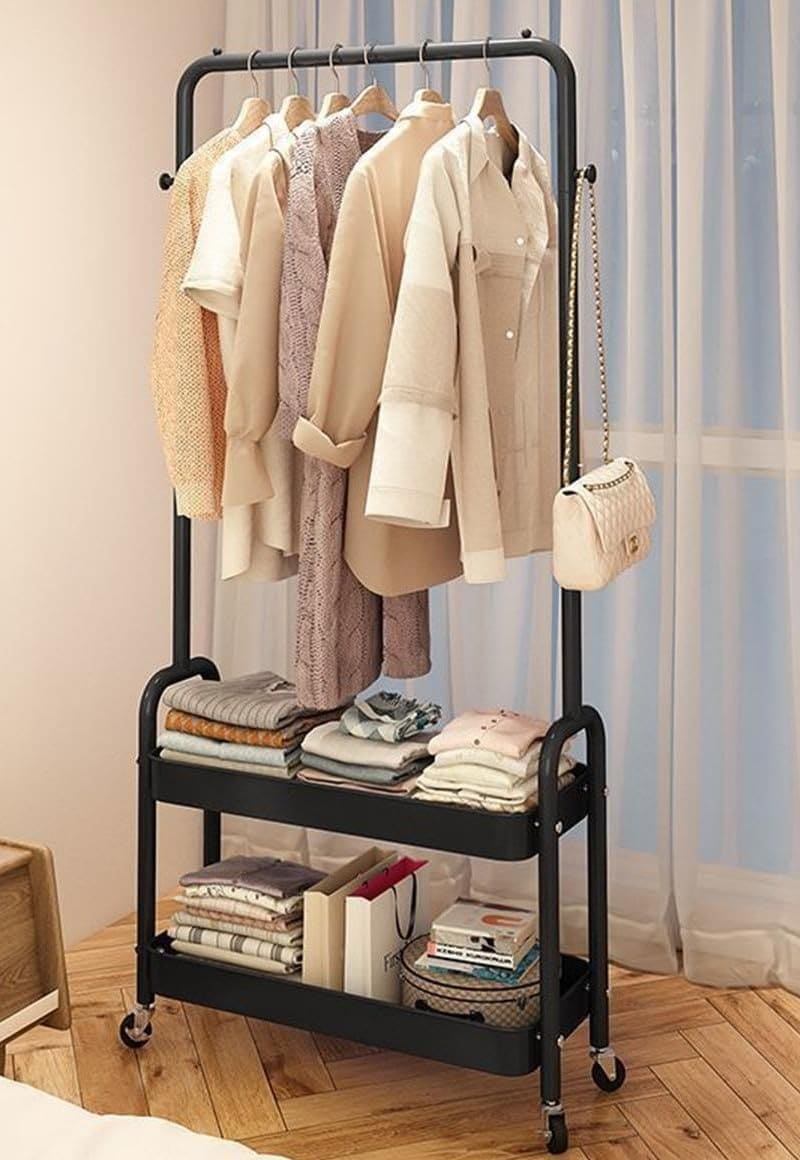 ハンガーラック衣類収納 コートハンガー ラック 洋服 パイプハンガー 2段 ランドリーやリビングルーム用 室内干し 幅80×奥行38×高さ173cm キャスター付き パイプハンガー おしゃれ ポールハ