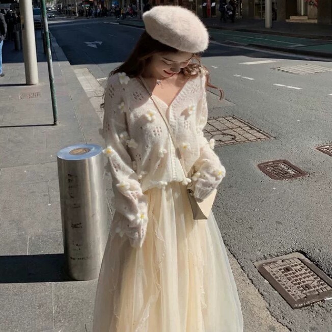 スカート カーディガン ロングスカート フレアスカート 長袖 ボリューム袖 萌袖 Vネック シフォン もこもこ ふわふわ 前開き 編み込み 透け感 ニット 上下セット 2点セット かわいい 大人可愛い