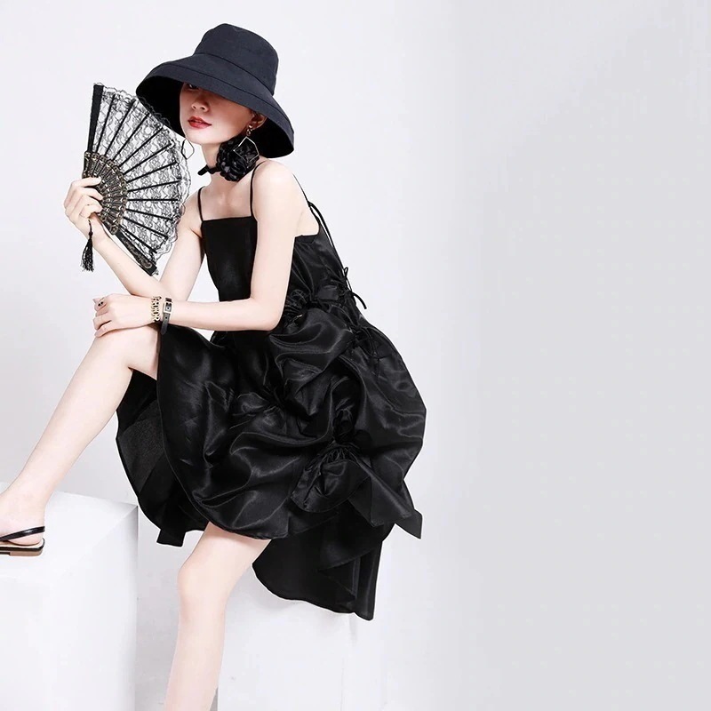 【J.Fashion】 ダーク系 キャミワンピ 非対称 皺 ショートワンピース 日焼け止め ドレス メガ割30%までに制限