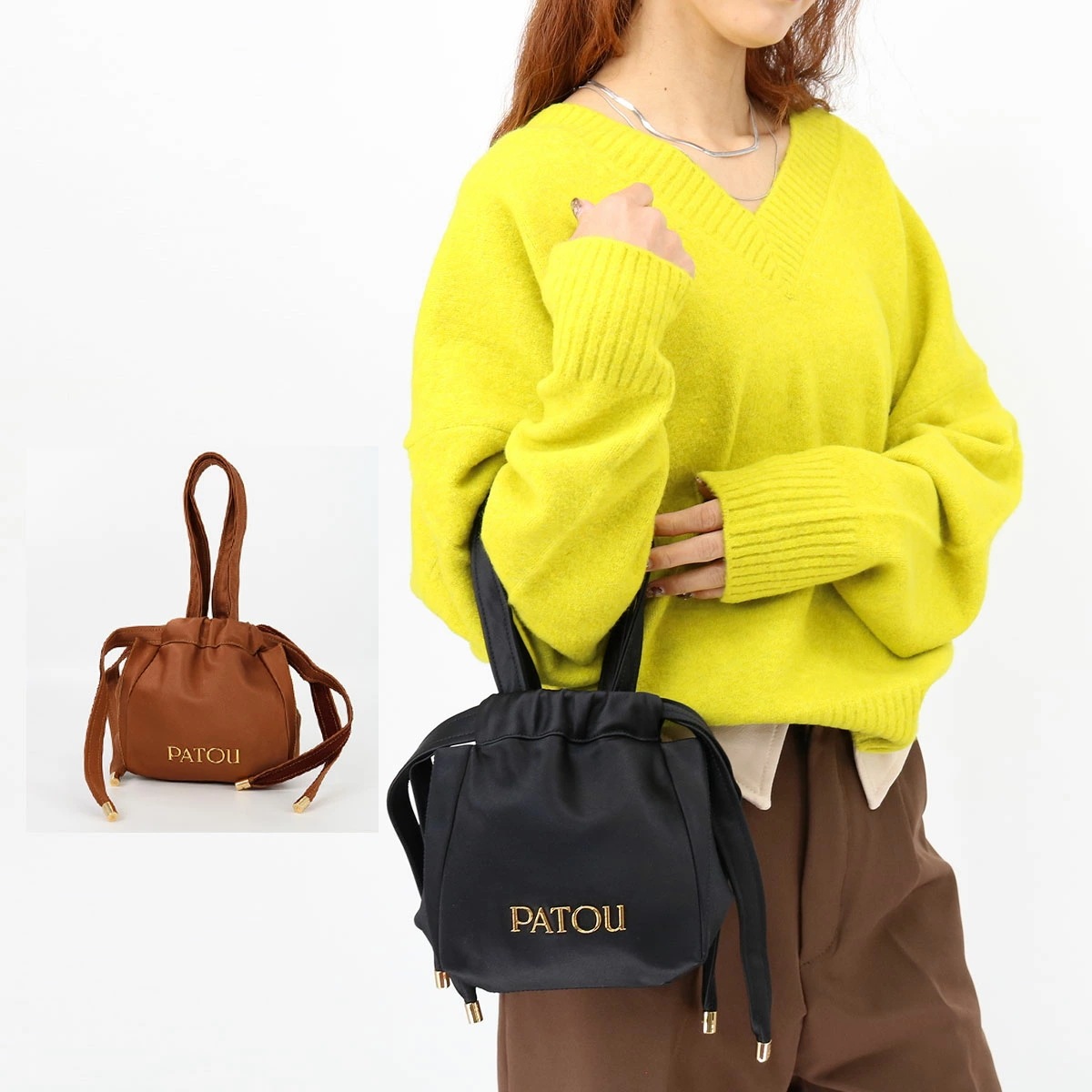 AC0740171 リサイクルサテン イブニングポーチ ミニバッグ ドローストリング Recycled Satin Evening Pouch ハンドバッグ ロゴ 鞄 巾着 ブラン