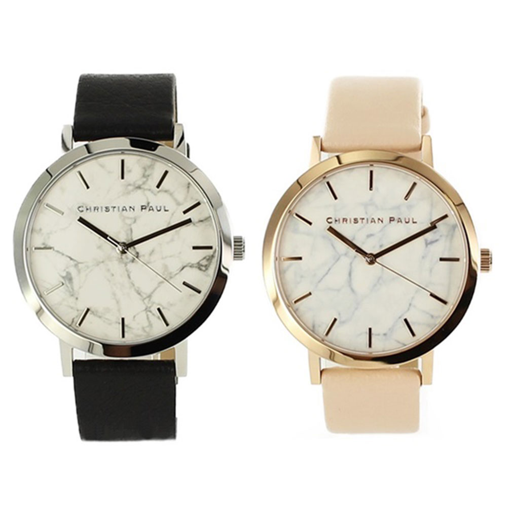 【ペア時計収納BOX付き】クリスチャンポール 腕時計 手表 ペアウォッチ メンズ レディース 同サイズ 43mm 大理石柄 ホワイトマーブル ブラック ベビーピンク レザー 天然皮革 MR-05MR