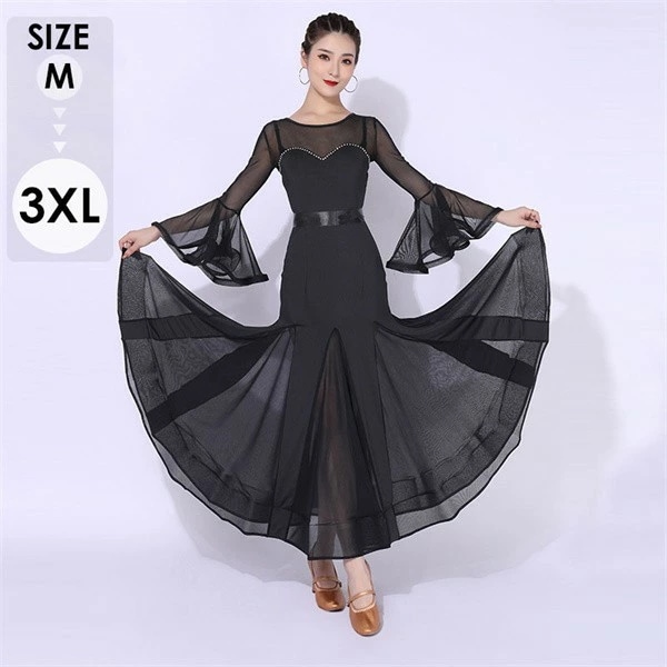 大人気 社交ダンスドレス 社交ダンス 社交ダンス衣装 モダンドレス 大きいサイズ 長袖 大きい裾 スタンダードドレス ワルツダンス ダンスウェア ステージ衣装 競技会 ダンスパーティー 発表会 競技着
