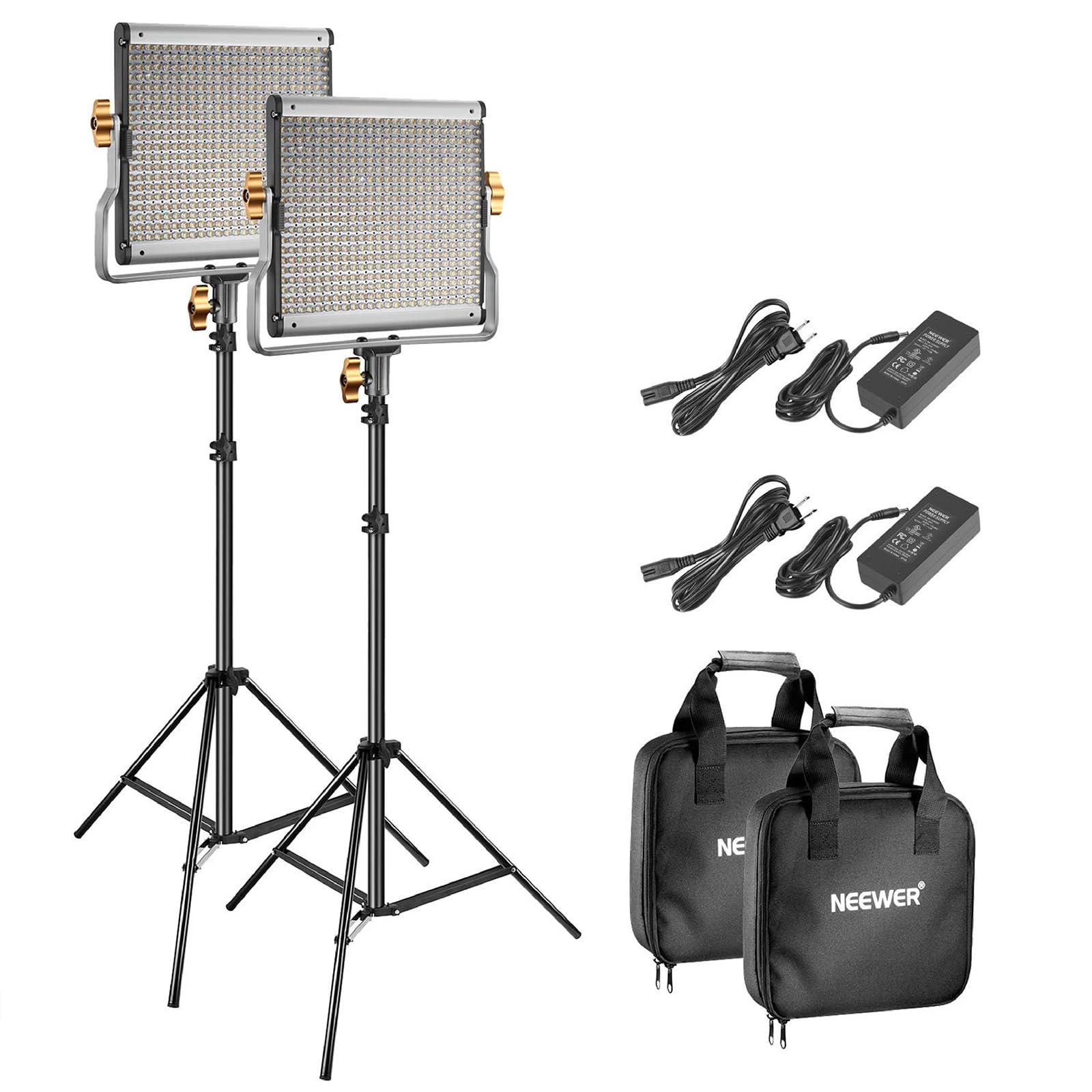NEEWER 2パック 480 LEDビデオライトとスタンドキット 照明撮影用パネルライト 28W 高輝度 CRI96+ 4000lux/1m 3200K-5600K色温度 二色 0-100％調光可能