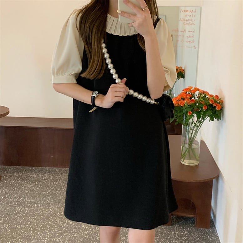 2color レディース プリーツカラー切り替えワンピース パフスリーブ ショート丈 ペンシル