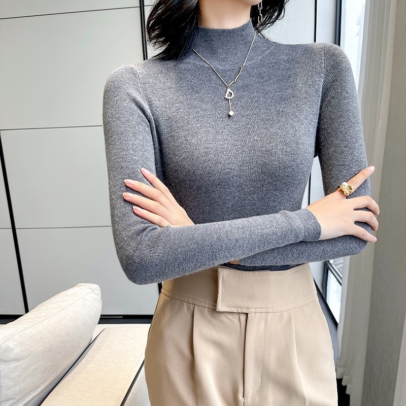 梳毛ウール100% 2024春レディース新作スリムフィットで通気性の良いハーフハイカラーショートプルオーバーベースセーター