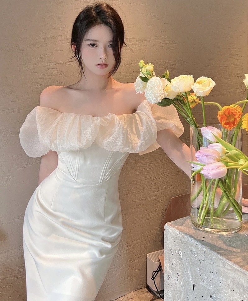 ドレス ワンピース レディース チュール パーティー 膝下 ミモレ 半袖 オフショルダー 細身 タイト 光沢 きれいめ フォーマル 披露宴 エレガント ラウンジ クラブ 黒 アプリコット S M L