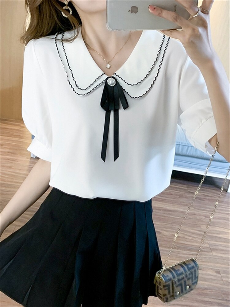 カットソー レディース 半袖 襟付き リボン ダブル カラー パールボタン かわいい 大人可愛い きれいめ シンプル カジュアル 無地 春 夏 入学式 学生 デート ママ ホワイト グリーン トップス 4,724円