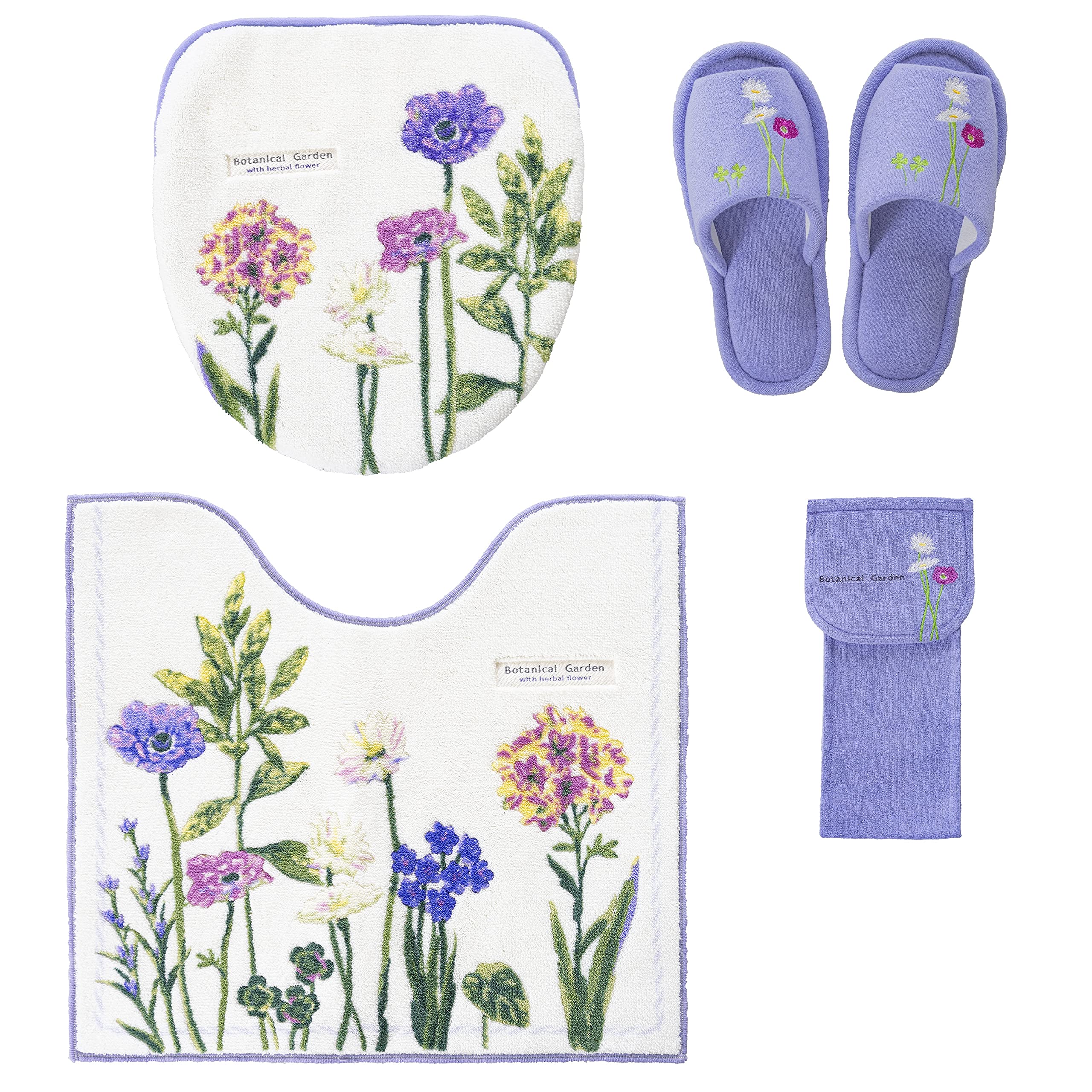 トイレマット 4点 セット 北欧 おしゃれ 日本製 普通サイズトイレマット+共用フタカバー+ペーパーホルダーカバー+スリッパ パープル 抗菌 防臭 花 モダン フラワー
