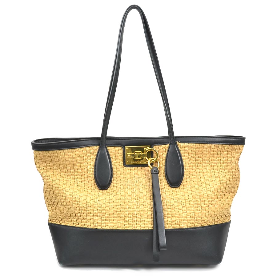 サルヴァトーレフェラガモ Salvatore Ferragamo ショルダーバッグ ガンチーニ レザー/ラフィア ブラック×ナチュラル レディース r10762a