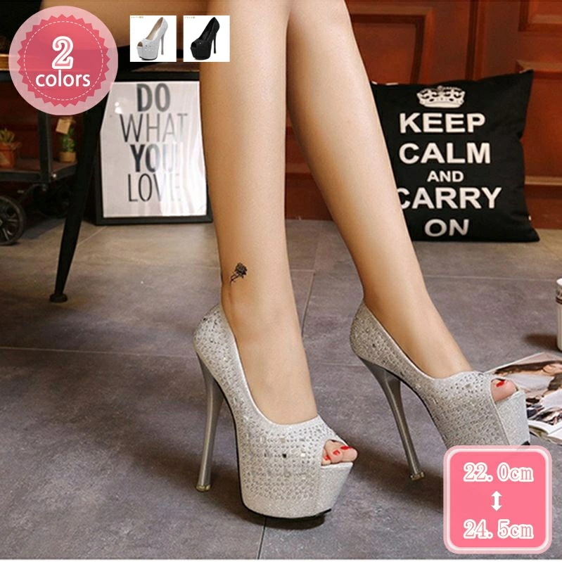 500円OFFクーポン オープントゥパンプス 痛くない 結婚式 キャバ 16cmヒール ラインストーン 美脚サンダル 歩きやすい ハイヒール ピンヒール シルバー 黒 厚底 靴 レディース ストーム