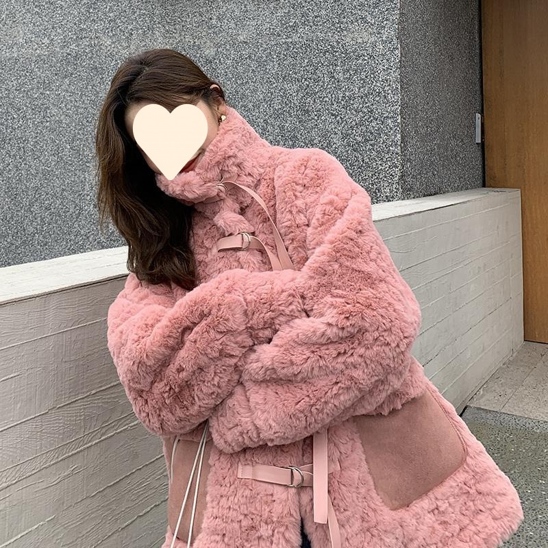 2025冬新作韓国風イミテーションレザー暖かいルース肥厚ファーワンピースシェルパコート女性用