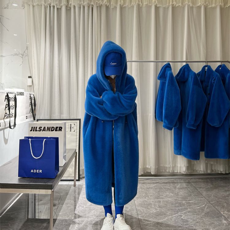 2024 新しい毛皮のコート女性の冬ロング肥厚フード付きルーズ若い模造ミンクの毛皮のコート