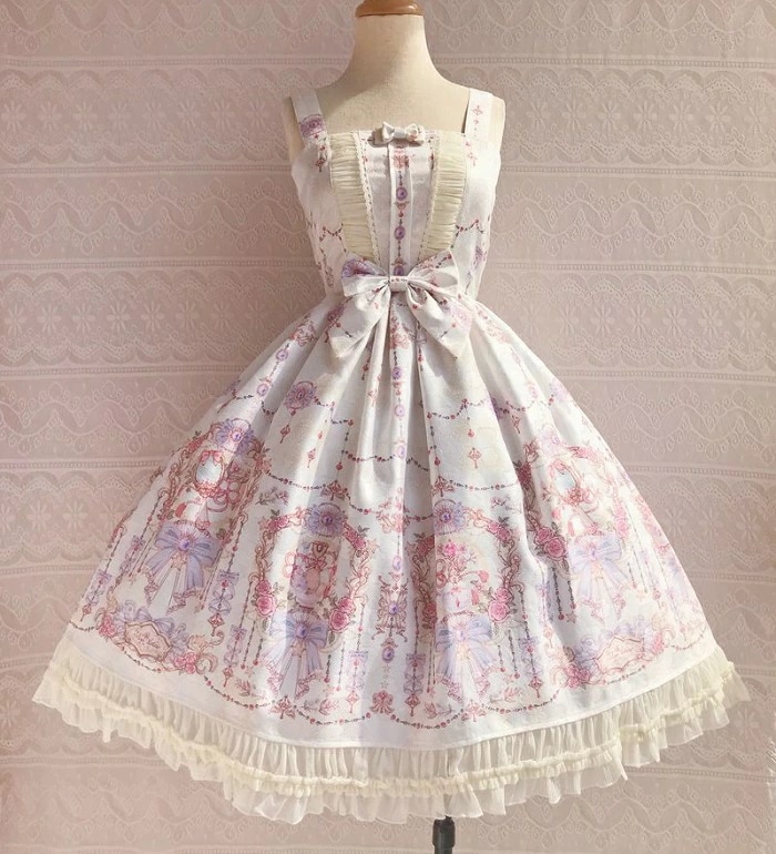 ワンピース ロリータ ロリィタ ノースリーブ ワンピ レディース レース 緻密 透かし模様 プリント フェミニン ゆめかわいい クリームホワイト スカイブルー ピンク XS－3XL